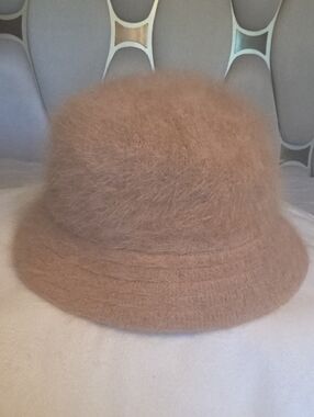 Women's Fuzzy Rabbit Hair Mix Bucket Hat In Tan Stretchy Band Inside For GoodFit